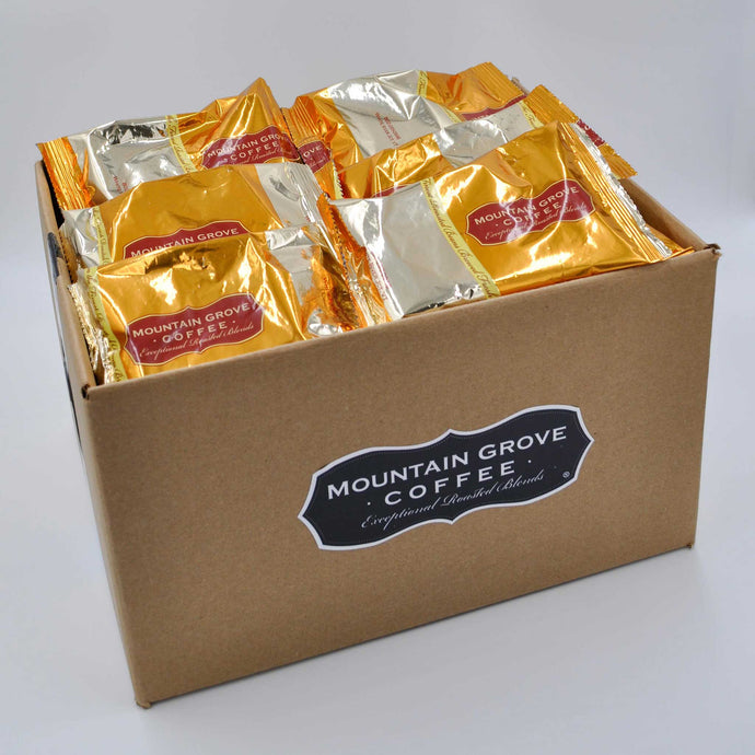 A case of ground flavored coffee. Case contains 42 2oz bags.